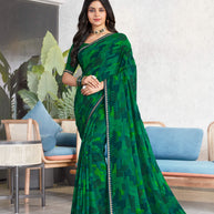 Laxmipati Mala Abstract Printed Georgette Saree in Green Color with Unstitched Blouse
