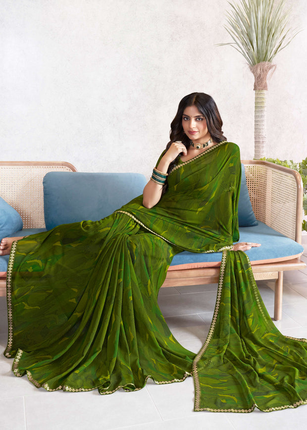 Laxmipati Mala Abstract Printed Georgette Saree in Olive Green Color with Unstitched Blouse