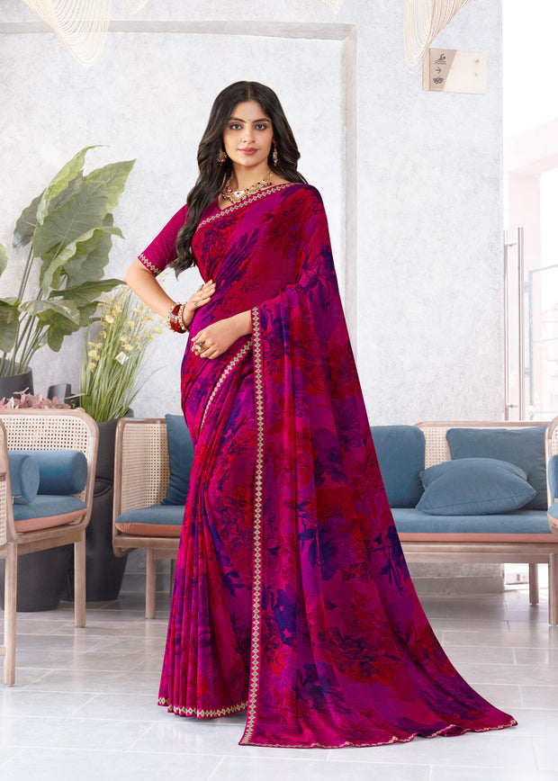 Laxmipati Mala Floral Printed Georgette Saree in Magenta Color with Unstitched Blouse