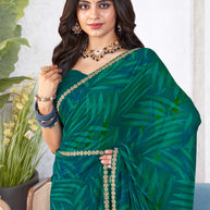 Laxmipati Mala Floral Printed Georgette Saree in Teal Green Color with Unstitched Blouse