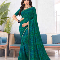 Laxmipati Mala Floral Printed Georgette Saree in Teal Green Color with Unstitched Blouse