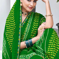 Laxmipati Phulvaari Bandhani Printed Chiffon Saree in Green Color with Unstitched Blouse