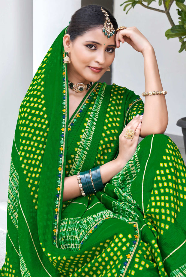 Laxmipati Phulvaari Bandhani Printed Chiffon Saree in Green Color with Unstitched Blouse