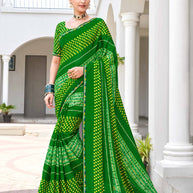 Laxmipati Phulvaari Bandhani Printed Chiffon Saree in Green Color with Unstitched Blouse