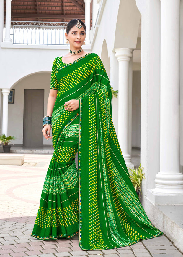 Laxmipati Phulvaari Bandhani Printed Chiffon Saree in Green Color with Unstitched Blouse