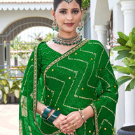 Laxmipati Phulvaari Chevron Printed along with Mirror Work Chiffon Saree in Green Color with Unstitched Blouse