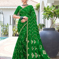 Laxmipati Phulvaari Chevron Printed along with Mirror Work Chiffon Saree in Green Color with Unstitched Blouse