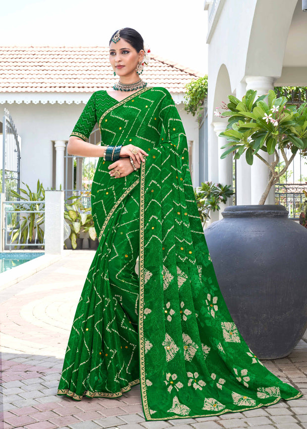 Laxmipati Phulvaari Chevron Printed along with Mirror Work Chiffon Saree in Green Color with Unstitched Blouse
