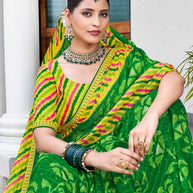 Laxmipati Phulvaari Floral & Strips Printed Chiffon Saree in Green Color with Unstitched Blouse
