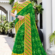 Laxmipati Phulvaari Floral & Strips Printed Chiffon Saree in Green Color with Unstitched Blouse