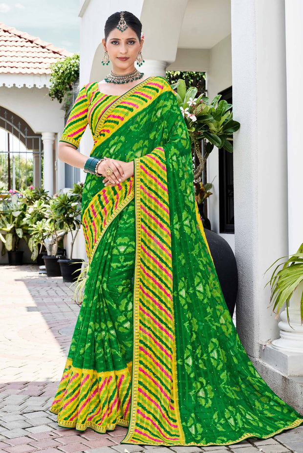 Laxmipati Phulvaari Floral & Strips Printed Chiffon Saree in Green Color with Unstitched Blouse