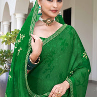 Laxmipati Phulvaari Floral Printed along with Foil Work Chiffon Saree in Green Color with Unstitched Blouse