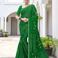 Laxmipati Phulvaari Floral Printed along with Foil Work Chiffon Saree in Green Color with Unstitched Blouse