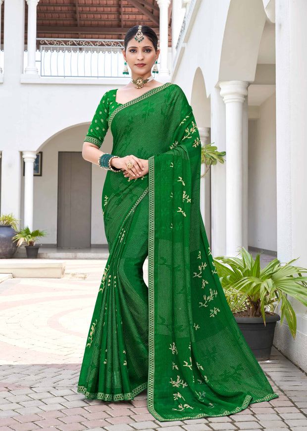 Laxmipati Phulvaari Floral Printed along with Foil Work Chiffon Saree in Green Color with Unstitched Blouse