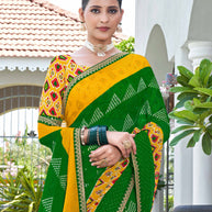 Laxmipati Phulvaari Ikkat Printed along with Foil Work Chiffon Saree in Green Color with Unstitched Blouse