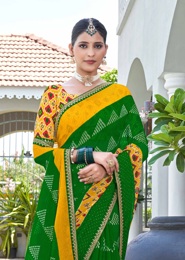 Laxmipati Phulvaari Ikkat Printed along with Foil Work Chiffon Saree in Green Color with Unstitched Blouse