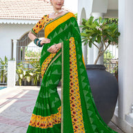 Laxmipati Phulvaari Ikkat Printed along with Foil Work Chiffon Saree in Green Color with Unstitched Blouse