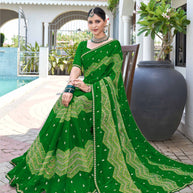 Laxmipati Phulvaari Chevron Printed Chiffon Saree in Green Color with Unstitched Blouse