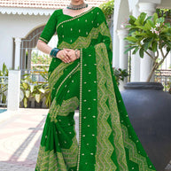Laxmipati Phulvaari Chevron Printed Chiffon Saree in Green Color with Unstitched Blouse