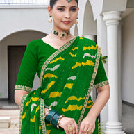 Laxmipati Phulvaari Wavy Printed along with Dew Drops Chiffon Saree in Green Color with Unstitched Blouse