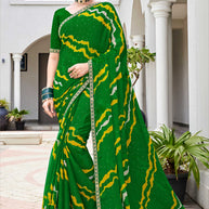 Laxmipati Phulvaari Wavy Printed along with Dew Drops Chiffon Saree in Green Color with Unstitched Blouse