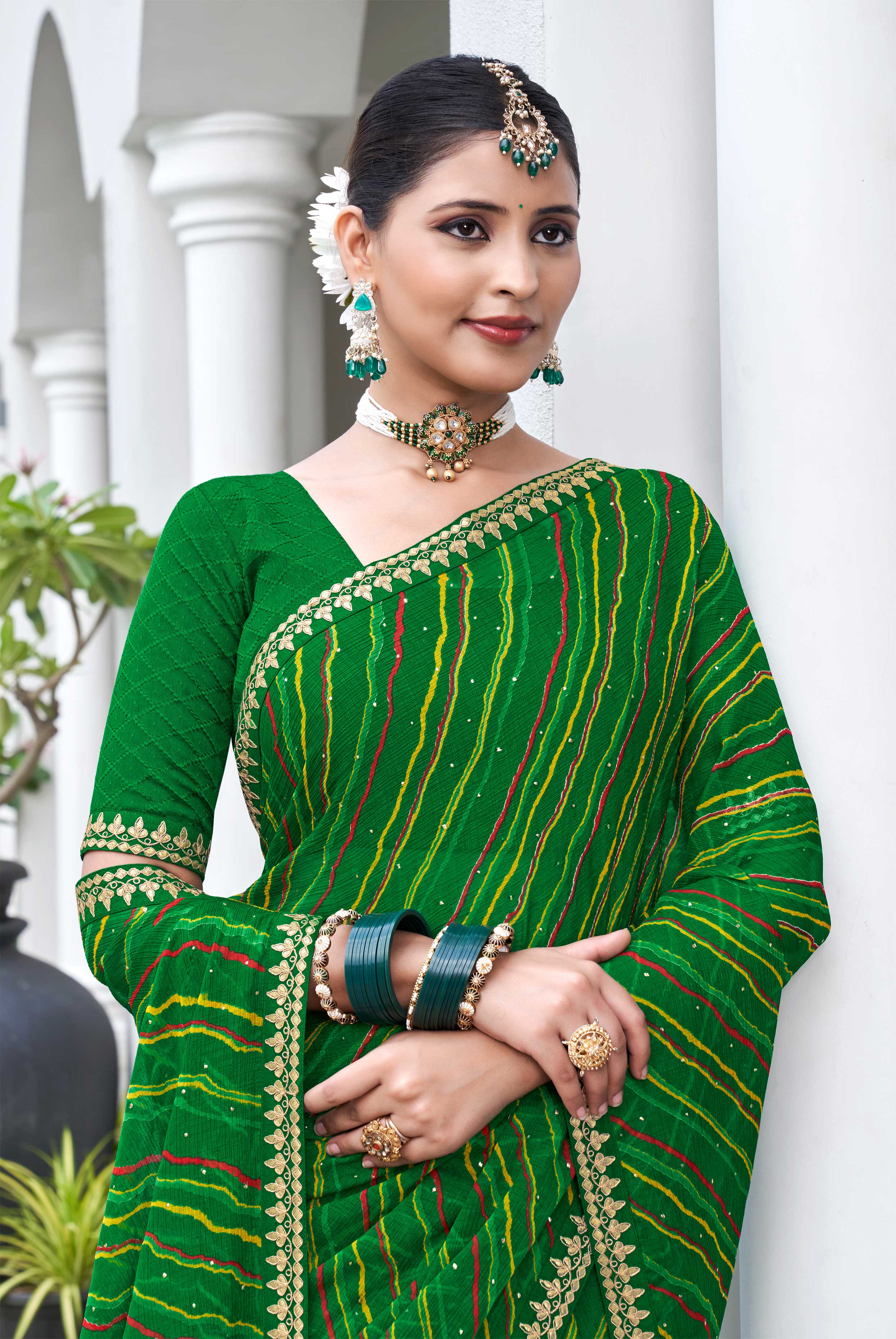 Laxmipati Phulvaari Leheriya Printed along with Foil Stamping Chiffon Saree in Green Color with Unstitched Blouse