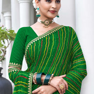 Laxmipati Phulvaari Leheriya Printed along with Foil Stamping Chiffon Saree in Green Color with Unstitched Blouse