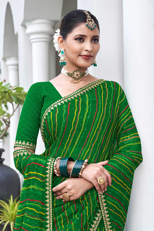 Laxmipati Phulvaari Leheriya Printed along with Foil Stamping Chiffon Saree in Green Color with Unstitched Blouse