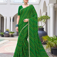 Laxmipati Phulvaari Leheriya Printed along with Foil Stamping Chiffon Saree in Green Color with Unstitched Blouse