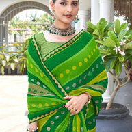 Laxmipati Phulvaari Geometric Printed along with Foil Work Chiffon Saree in Green Color with Unstitched Blouse
