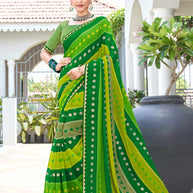 Laxmipati Phulvaari Geometric Printed along with Foil Work Chiffon Saree in Green Color with Unstitched Blouse