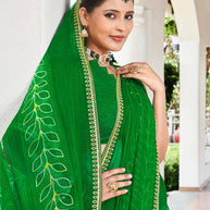 Laxmipati Phulvaari Floral Printed along with Sequin Chiffon Saree in Green Color with Unstitched Blouse