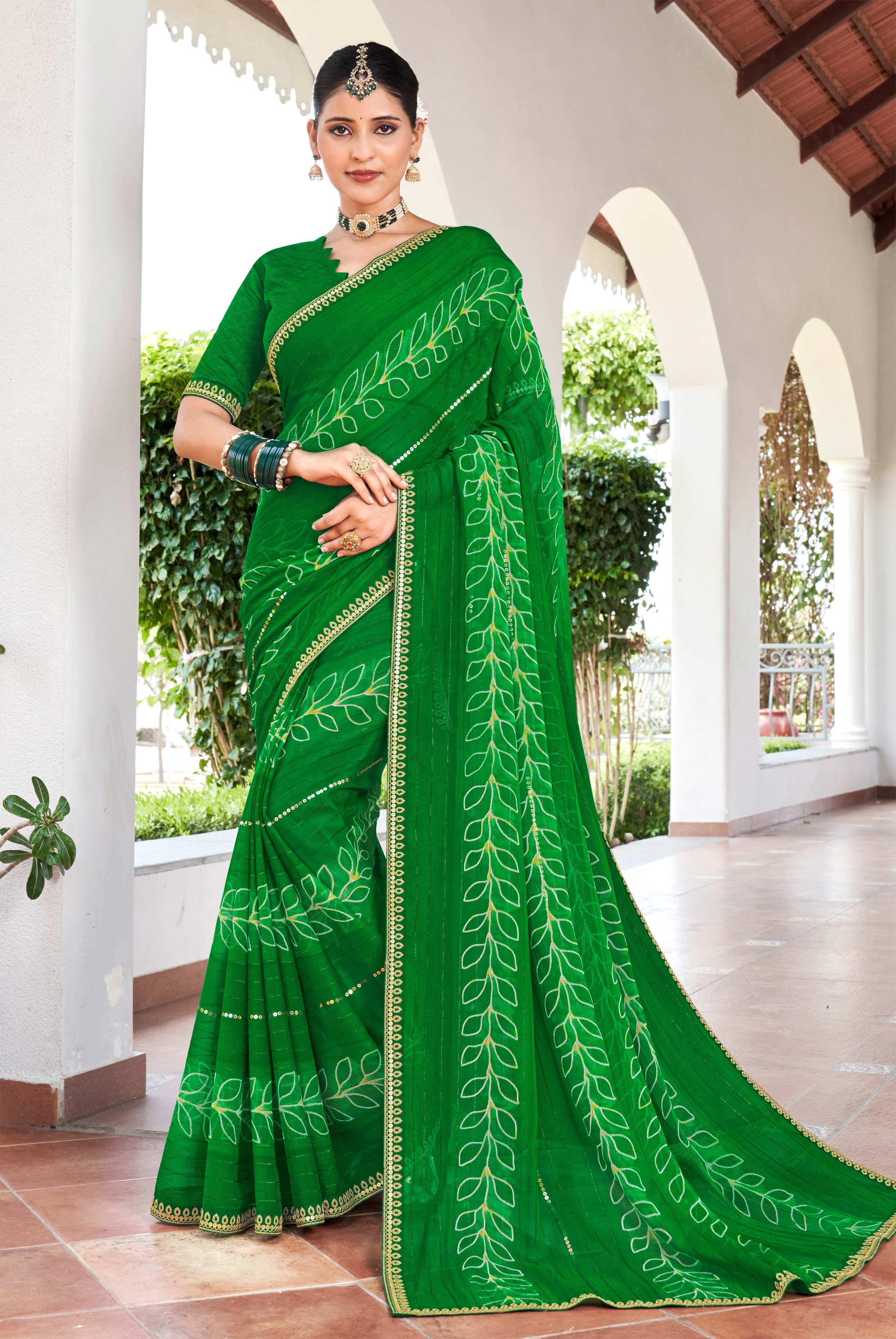 Laxmipati Phulvaari Floral Printed along with Sequin Chiffon Saree in Green Color with Unstitched Blouse