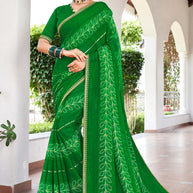 Laxmipati Phulvaari Floral Printed along with Sequin Chiffon Saree in Green Color with Unstitched Blouse