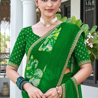 Laxmipati Phulvaari Floral Printed along with Foil Stamping Chiffon Saree in Green Color with Unstitched Blouse