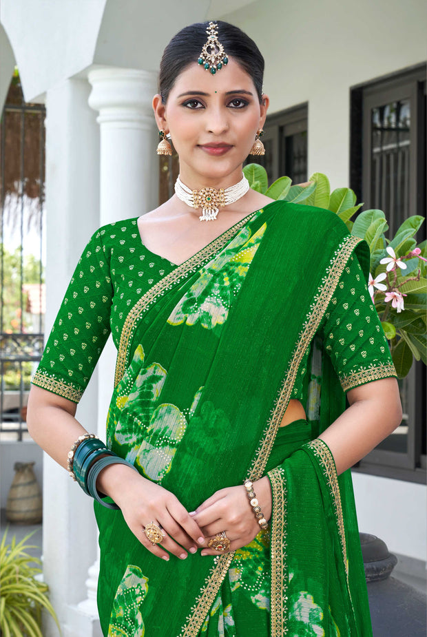 Laxmipati Phulvaari Floral Printed along with Foil Stamping Chiffon Saree in Green Color with Unstitched Blouse