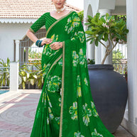 Laxmipati Phulvaari Floral Printed along with Foil Stamping Chiffon Saree in Green Color with Unstitched Blouse