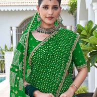 Laxmipati Phulvaari Bandhani Printed Chiffon Saree in Green Color with Unstitched Blouse