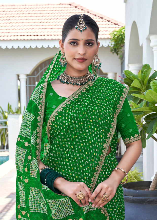 Laxmipati Phulvaari Bandhani Printed Chiffon Saree in Green Color with Unstitched Blouse