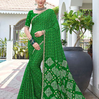 Laxmipati Phulvaari Bandhani Printed Chiffon Saree in Green Color with Unstitched Blouse