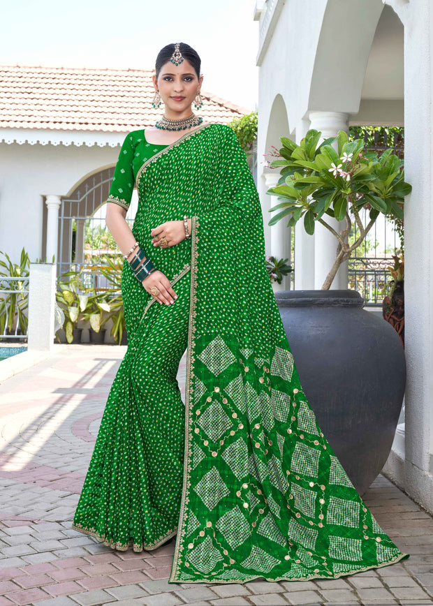 Laxmipati Phulvaari Bandhani Printed Chiffon Saree in Green Color with Unstitched Blouse