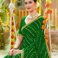 Laxmipati Upavan Bandhani Printed along with Foil Work Georgette Saree in Green Color with Unstitched Blouse