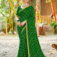 Laxmipati Upavan Bandhani Printed along with Foil Work Georgette Saree in Green Color with Unstitched Blouse