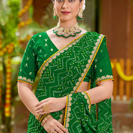 Laxmipati Upavan Bandhani Printed along with Foil Work Georgette Saree in Green Color with Unstitched Blouse