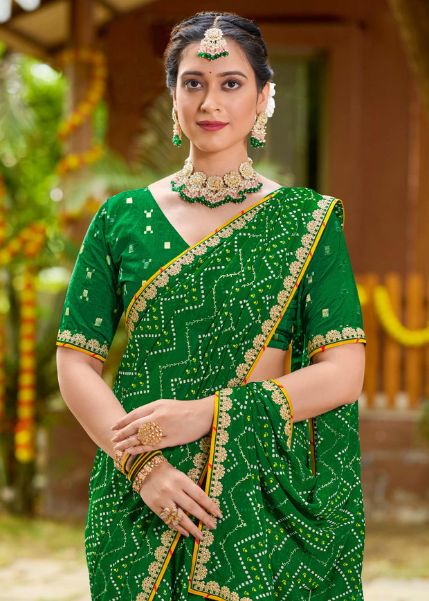 Laxmipati Upavan Bandhani Printed along with Foil Work Georgette Saree in Green Color with Unstitched Blouse