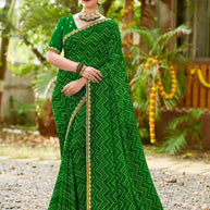 Laxmipati Upavan Bandhani Printed along with Foil Work Georgette Saree in Green Color with Unstitched Blouse