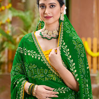 Laxmipati Upavan Floral Bandhani Printed Georgette Saree in Green Color with Unstitched Blouse