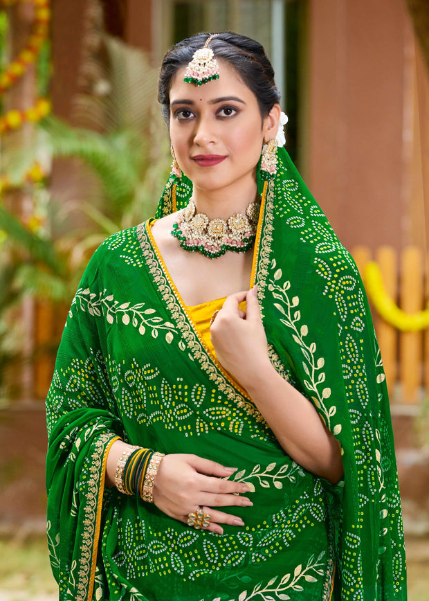 Laxmipati Upavan Floral Bandhani Printed Georgette Saree in Green Color with Unstitched Blouse