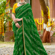Laxmipati Upavan Floral Bandhani Printed Georgette Saree in Green Color with Unstitched Blouse