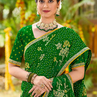 Laxmipati Upavan Bandhani Printed along with Foil Work Georgette Saree in Green Color with Unstitched Blouse